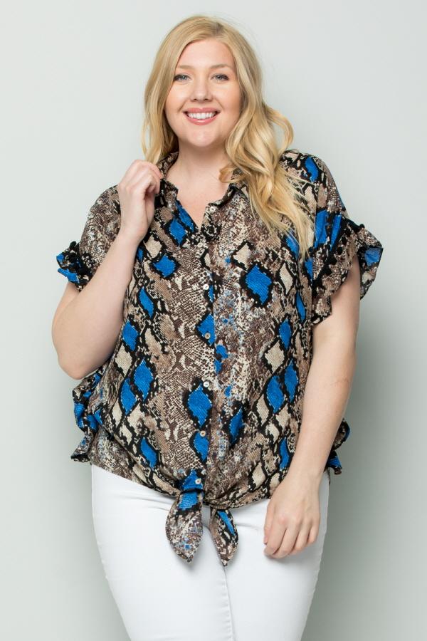 See And Be Seen Blue Snakeskin Button Down Tie Front Plus Blouse-Curvy/Plus Tops-See And Be Seen-Deja Nu Boutique, Women's Fashion Boutique in Lampasas, Texas