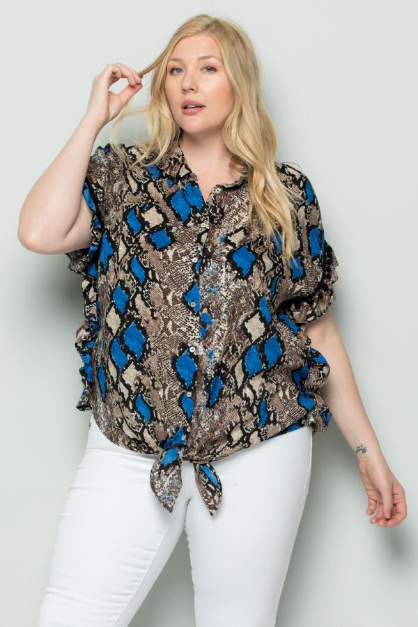 See And Be Seen Blue Snakeskin Button Down Tie Front Plus Blouse-Curvy/Plus Tops-See And Be Seen-Deja Nu Boutique, Women's Fashion Boutique in Lampasas, Texas