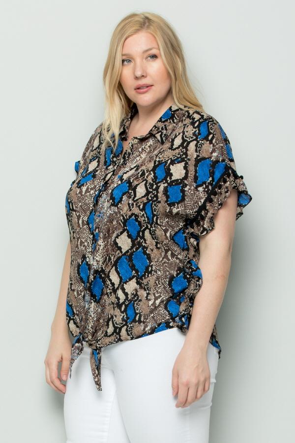 See And Be Seen Blue Snakeskin Button Down Tie Front Plus Blouse-Curvy/Plus Tops-See And Be Seen-Deja Nu Boutique, Women's Fashion Boutique in Lampasas, Texas