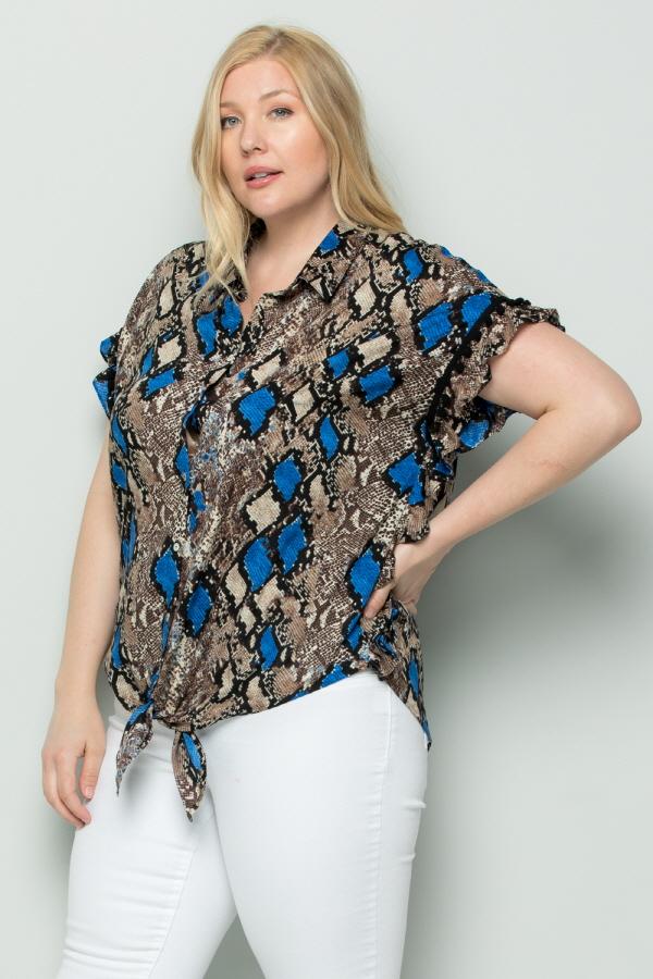 See And Be Seen Blue Snakeskin Button Down Tie Front Plus Blouse-Curvy/Plus Tops-See And Be Seen-Deja Nu Boutique, Women's Fashion Boutique in Lampasas, Texas