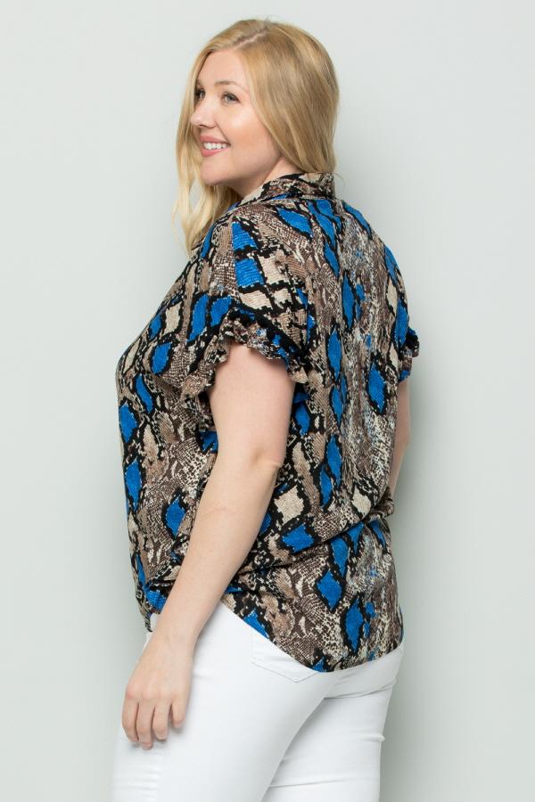 See And Be Seen Blue Snakeskin Button Down Tie Front Plus Blouse-Curvy/Plus Tops-See And Be Seen-Deja Nu Boutique, Women's Fashion Boutique in Lampasas, Texas
