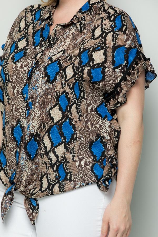 See And Be Seen Blue Snakeskin Button Down Tie Front Plus Blouse-Curvy/Plus Tops-See And Be Seen-Deja Nu Boutique, Women's Fashion Boutique in Lampasas, Texas