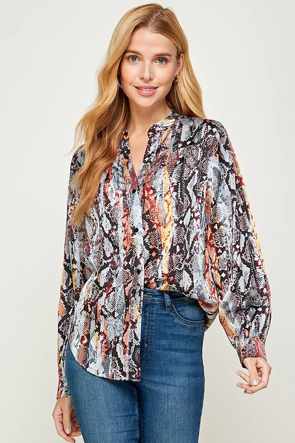 See And Be Seen Blue Snakeskin Multicolored Print Long Sleeve Shirt-Tops-See And Be Seen-Deja Nu Boutique, Women's Fashion Boutique in Lampasas, Texas
