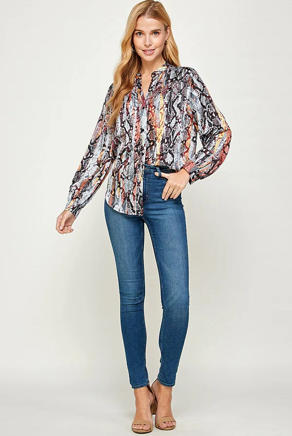 See And Be Seen Blue Snakeskin Multicolored Print Long Sleeve Shirt-Tops-See And Be Seen-Deja Nu Boutique, Women's Fashion Boutique in Lampasas, Texas