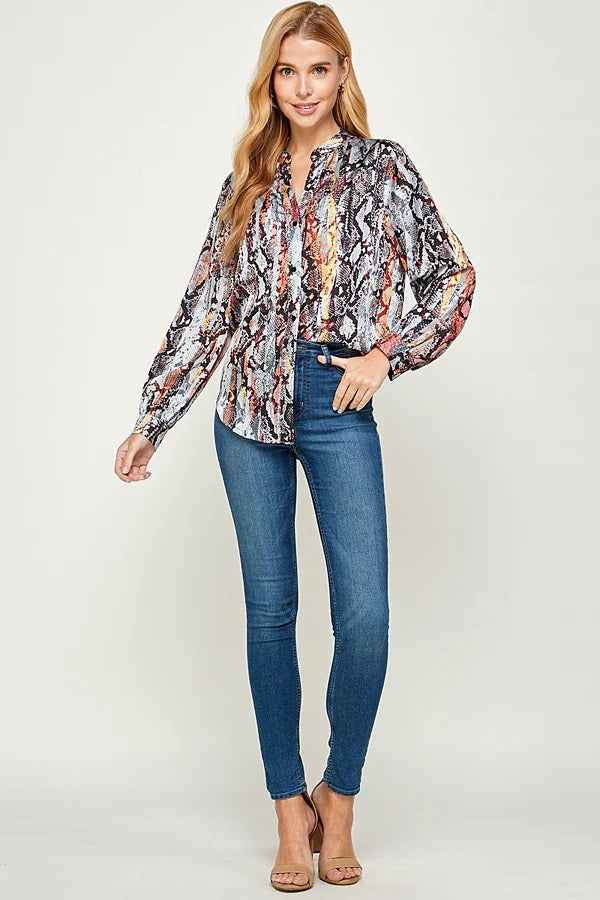 See And Be Seen Blue Snakeskin Multicolored Print Long Sleeve Shirt-Tops-See And Be Seen-Deja Nu Boutique, Women's Fashion Boutique in Lampasas, Texas