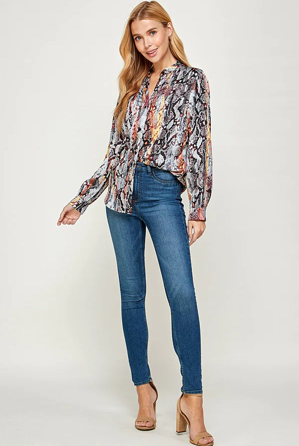 See And Be Seen Blue Snakeskin Multicolored Print Long Sleeve Shirt-Tops-See And Be Seen-Deja Nu Boutique, Women's Fashion Boutique in Lampasas, Texas
