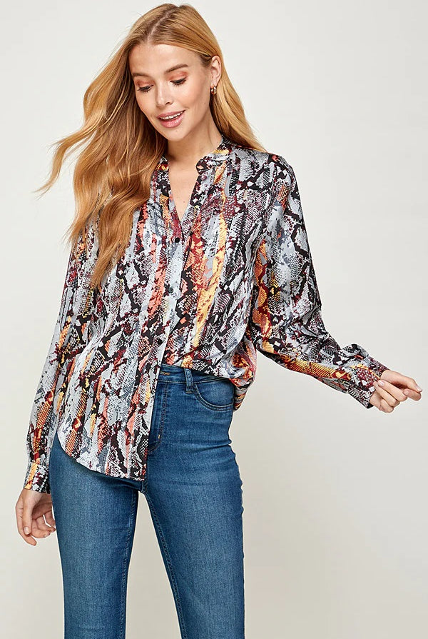 See And Be Seen Blue Snakeskin Multicolored Print Long Sleeve Shirt-Tops-See And Be Seen-Deja Nu Boutique, Women's Fashion Boutique in Lampasas, Texas