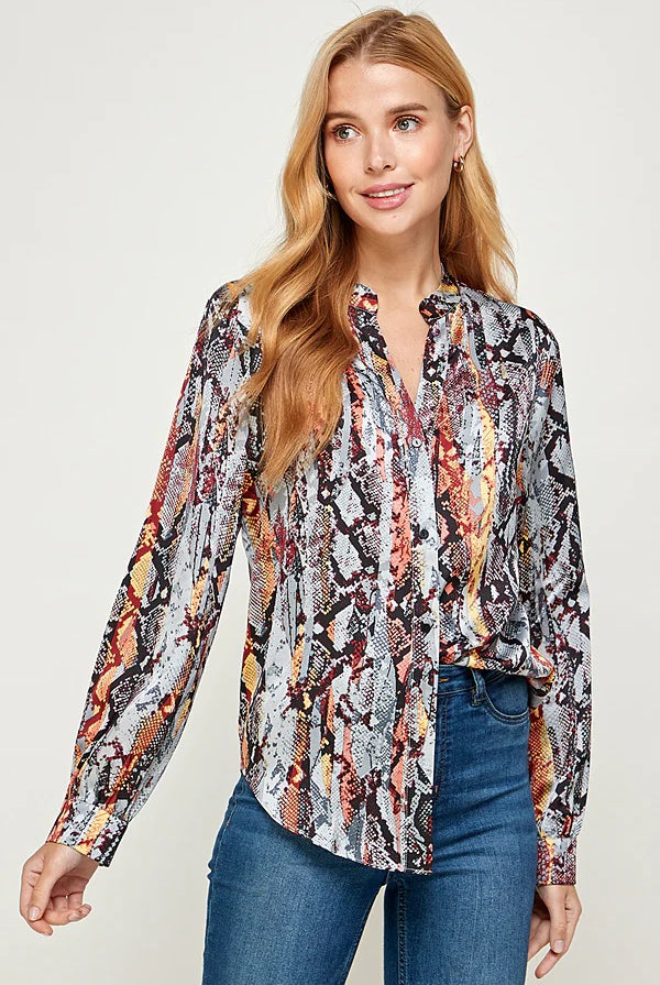 See And Be Seen Blue Snakeskin Multicolored Print Long Sleeve Shirt-Tops-See And Be Seen-Deja Nu Boutique, Women's Fashion Boutique in Lampasas, Texas
