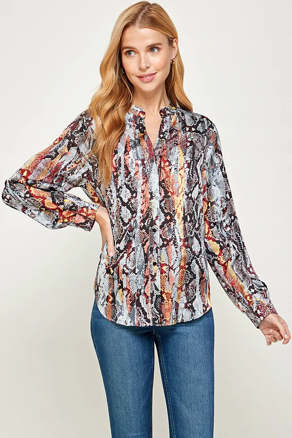 See And Be Seen Blue Snakeskin Multicolored Print Long Sleeve Shirt-Tops-See And Be Seen-Deja Nu Boutique, Women's Fashion Boutique in Lampasas, Texas