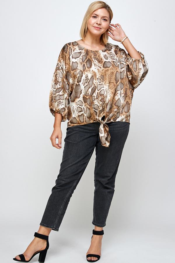 See And Be Seen Brown Animal Print Tie Front Blouse Plus-Curvy/Plus Tops-See And Be Seen-Deja Nu Boutique, Women's Fashion Boutique in Lampasas, Texas