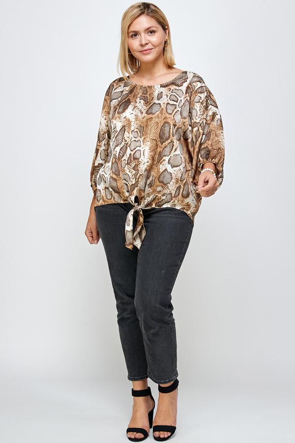 See And Be Seen Brown Animal Print Tie Front Blouse Plus-Curvy/Plus Tops-See And Be Seen-Deja Nu Boutique, Women's Fashion Boutique in Lampasas, Texas