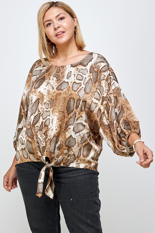 See And Be Seen Brown Animal Print Tie Front Blouse Plus-Curvy/Plus Tops-See And Be Seen-Deja Nu Boutique, Women's Fashion Boutique in Lampasas, Texas