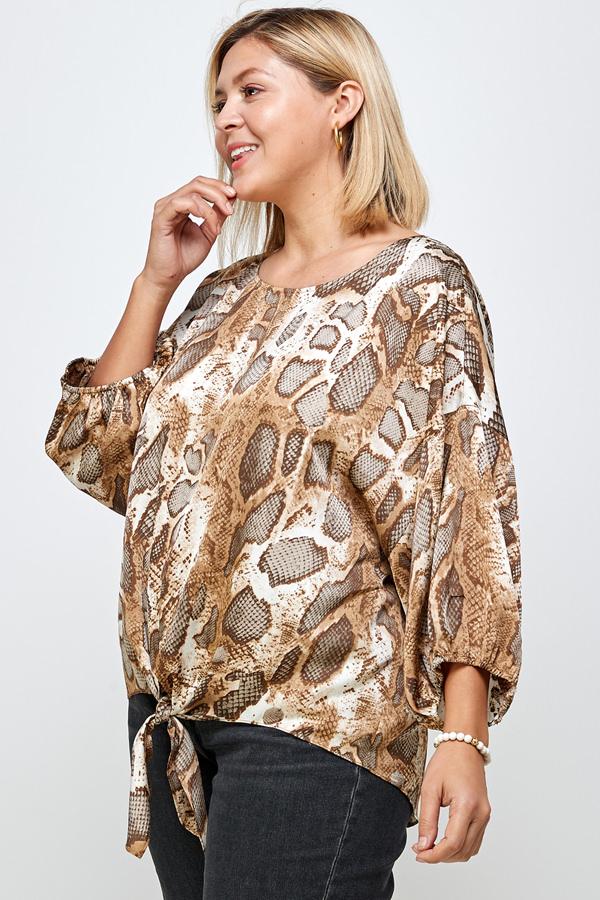 See And Be Seen Brown Animal Print Tie Front Blouse Plus-Curvy/Plus Tops-See And Be Seen-Deja Nu Boutique, Women's Fashion Boutique in Lampasas, Texas