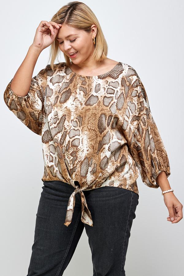 See And Be Seen Brown Animal Print Tie Front Blouse Plus-Curvy/Plus Tops-See And Be Seen-Deja Nu Boutique, Women's Fashion Boutique in Lampasas, Texas