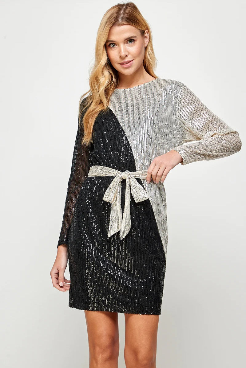 See And Be Seen Sequin Color Blocked Long Sleeve Dress With Sash In Black And Silver-Dresses-See And Be Seen-Deja Nu Boutique, Women's Fashion Boutique in Lampasas, Texas