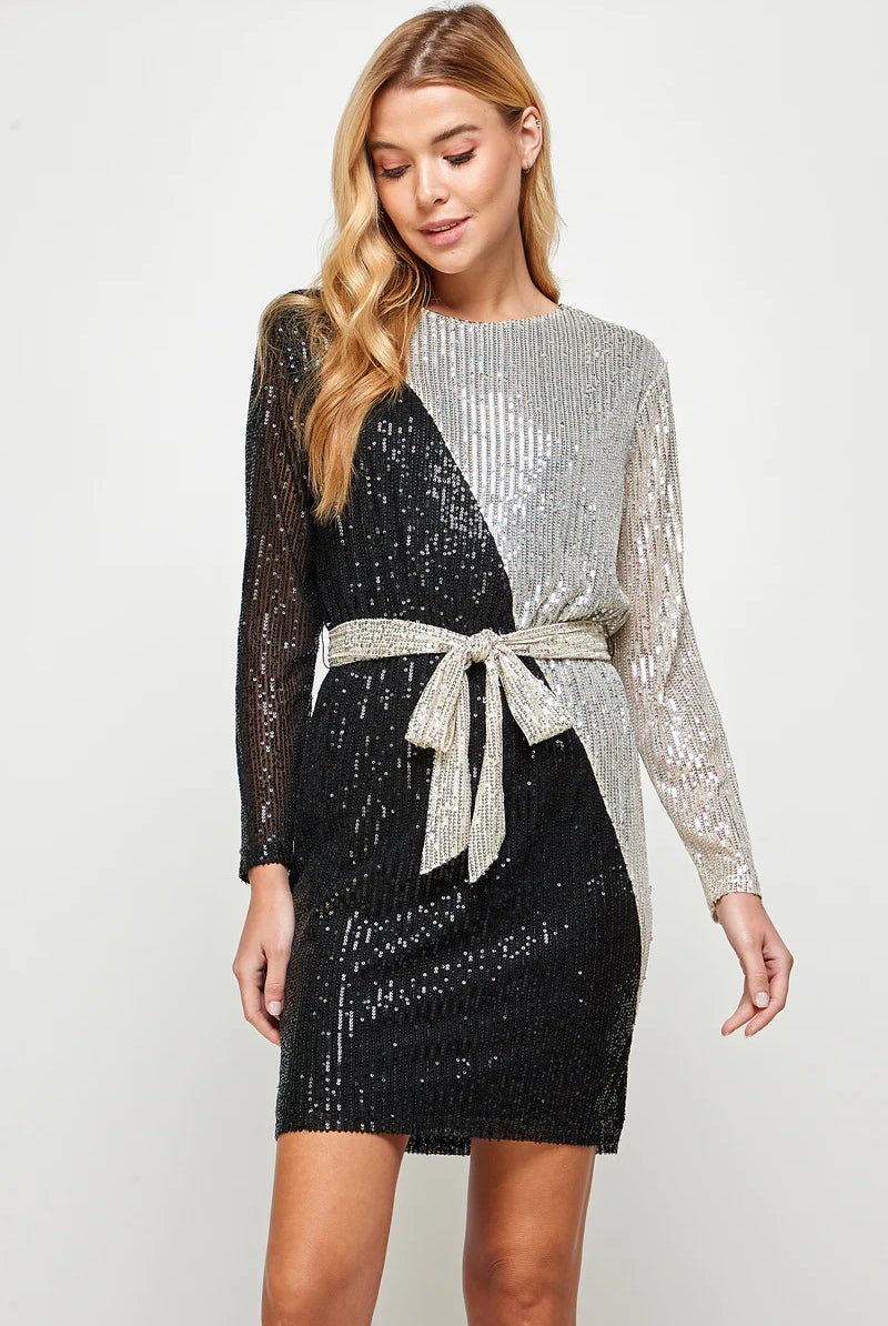 See And Be Seen Sequin Color Blocked Long Sleeve Dress With Sash In Black And Silver-Dresses-See And Be Seen-Deja Nu Boutique, Women's Fashion Boutique in Lampasas, Texas