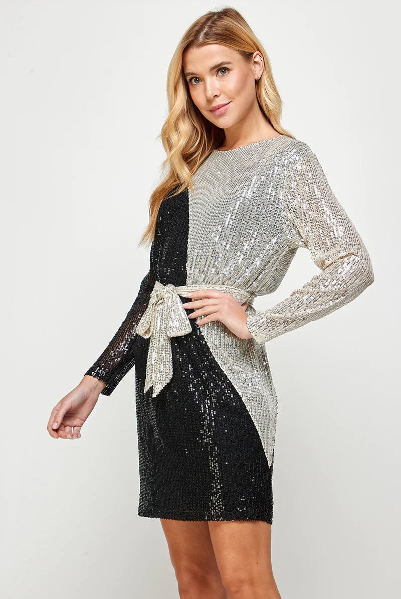 See And Be Seen Sequin Color Blocked Long Sleeve Dress With Sash In Black And Silver-Dresses-See And Be Seen-Deja Nu Boutique, Women's Fashion Boutique in Lampasas, Texas