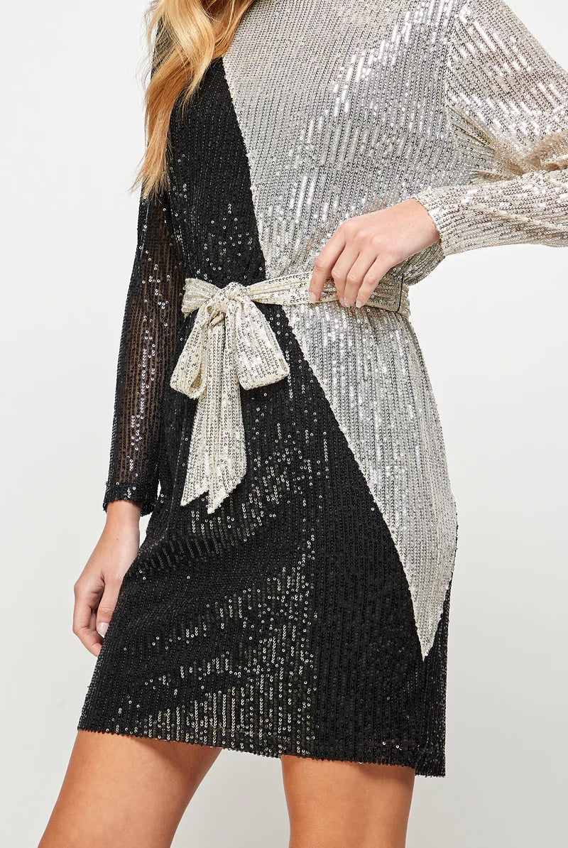 See And Be Seen Sequin Color Blocked Long Sleeve Dress With Sash In Black And Silver-Dresses-See And Be Seen-Deja Nu Boutique, Women's Fashion Boutique in Lampasas, Texas