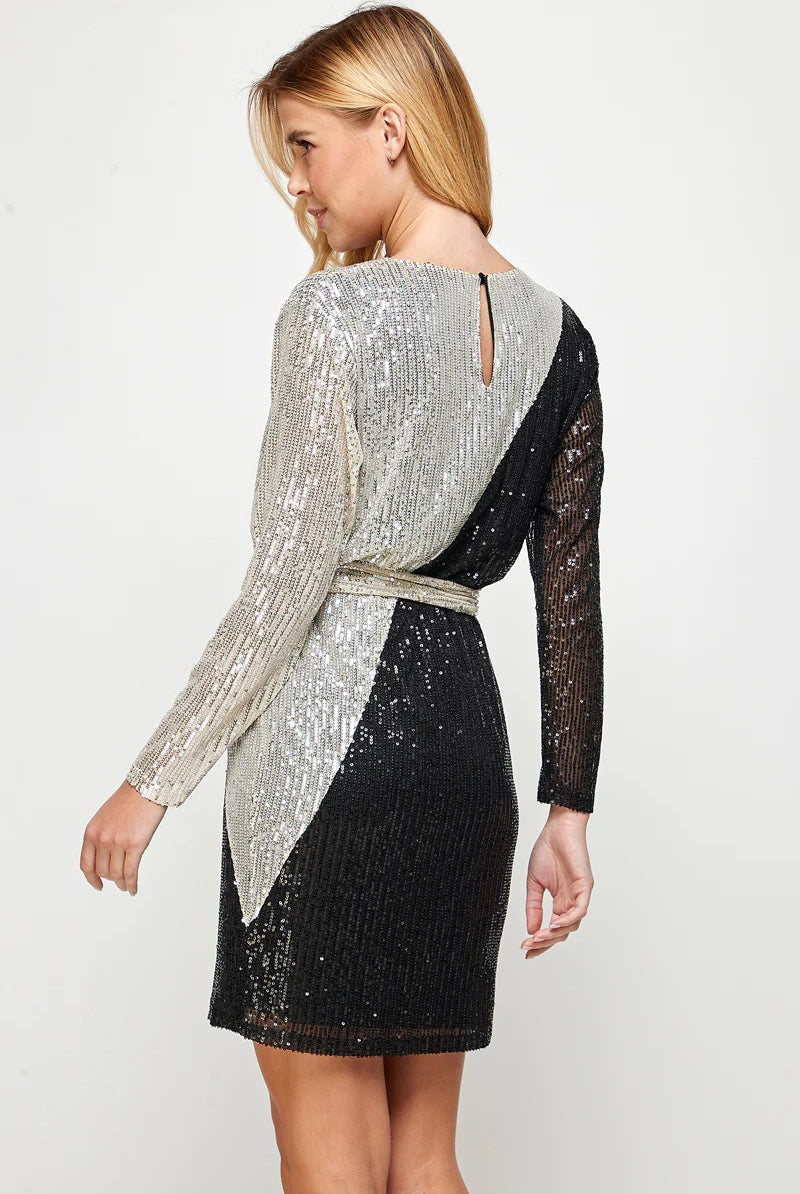 See And Be Seen Sequin Color Blocked Long Sleeve Dress With Sash In Black And Silver-Dresses-See And Be Seen-Deja Nu Boutique, Women's Fashion Boutique in Lampasas, Texas
