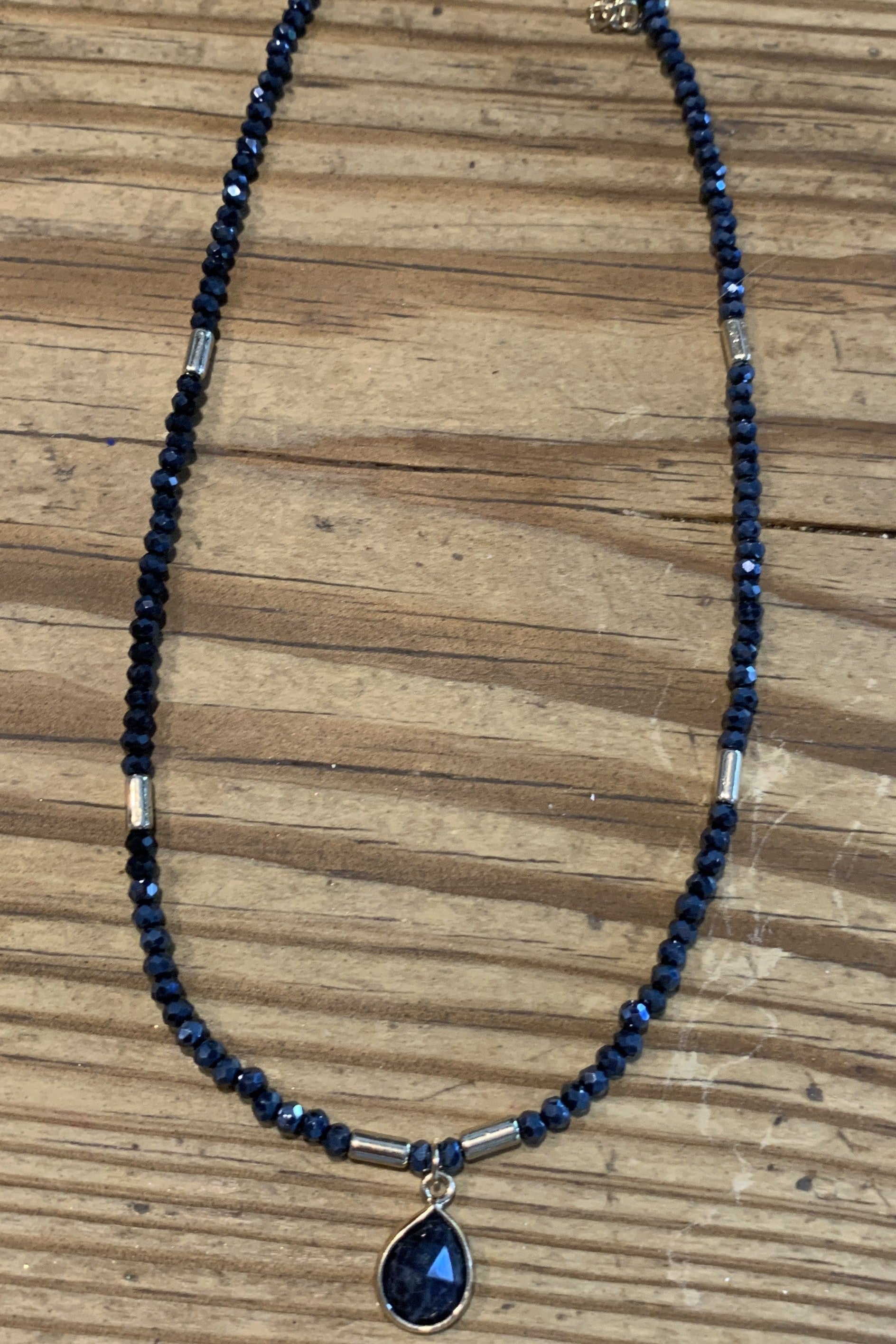 Semi Precious Navy Crystal Beaded Choker With Charm-Necklaces-Deja Nu Tx-Deja Nu Boutique, Women's Fashion Boutique in Lampasas, Texas