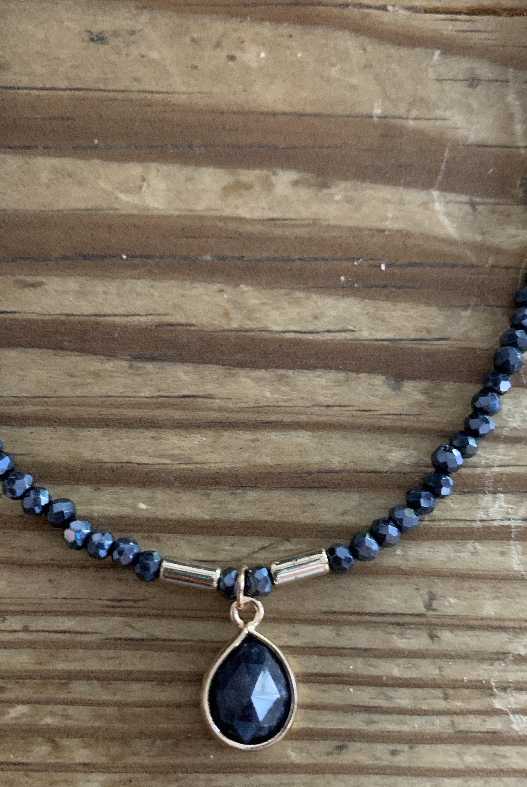 Semi Precious Navy Crystal Beaded Choker With Charm-Necklaces-Deja Nu Tx-Deja Nu Boutique, Women's Fashion Boutique in Lampasas, Texas