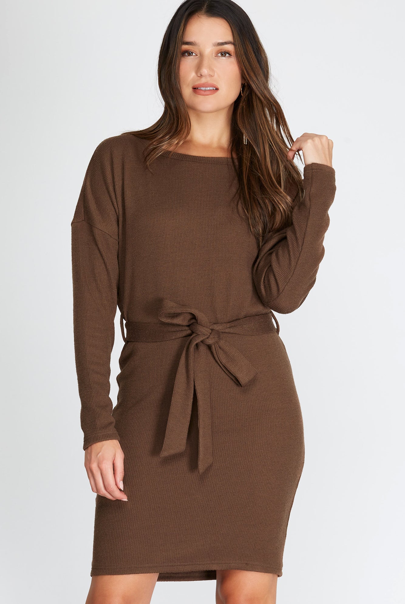 She And Sky Dolman Long Sleeve Boatneck Sweater Dress In Mocha-Dresses-She And Sky-Deja Nu Boutique, Women's Fashion Boutique in Lampasas, Texas