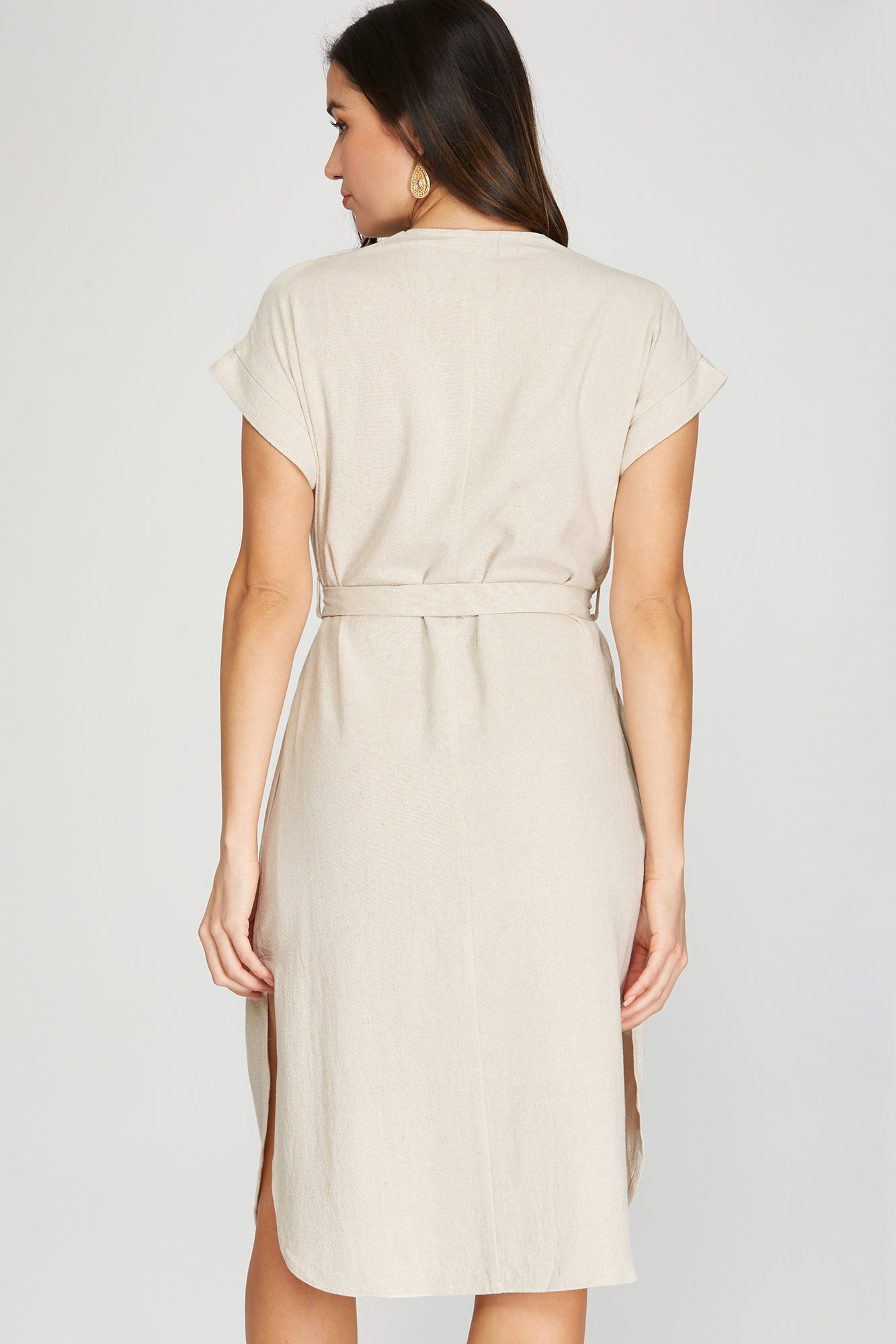 She And Sky Drop Short Sleeve Linen Dress With Waist Tie In Natural-Short Dresses-She And Sky-Deja Nu Boutique, Women's Fashion Boutique in Lampasas, Texas