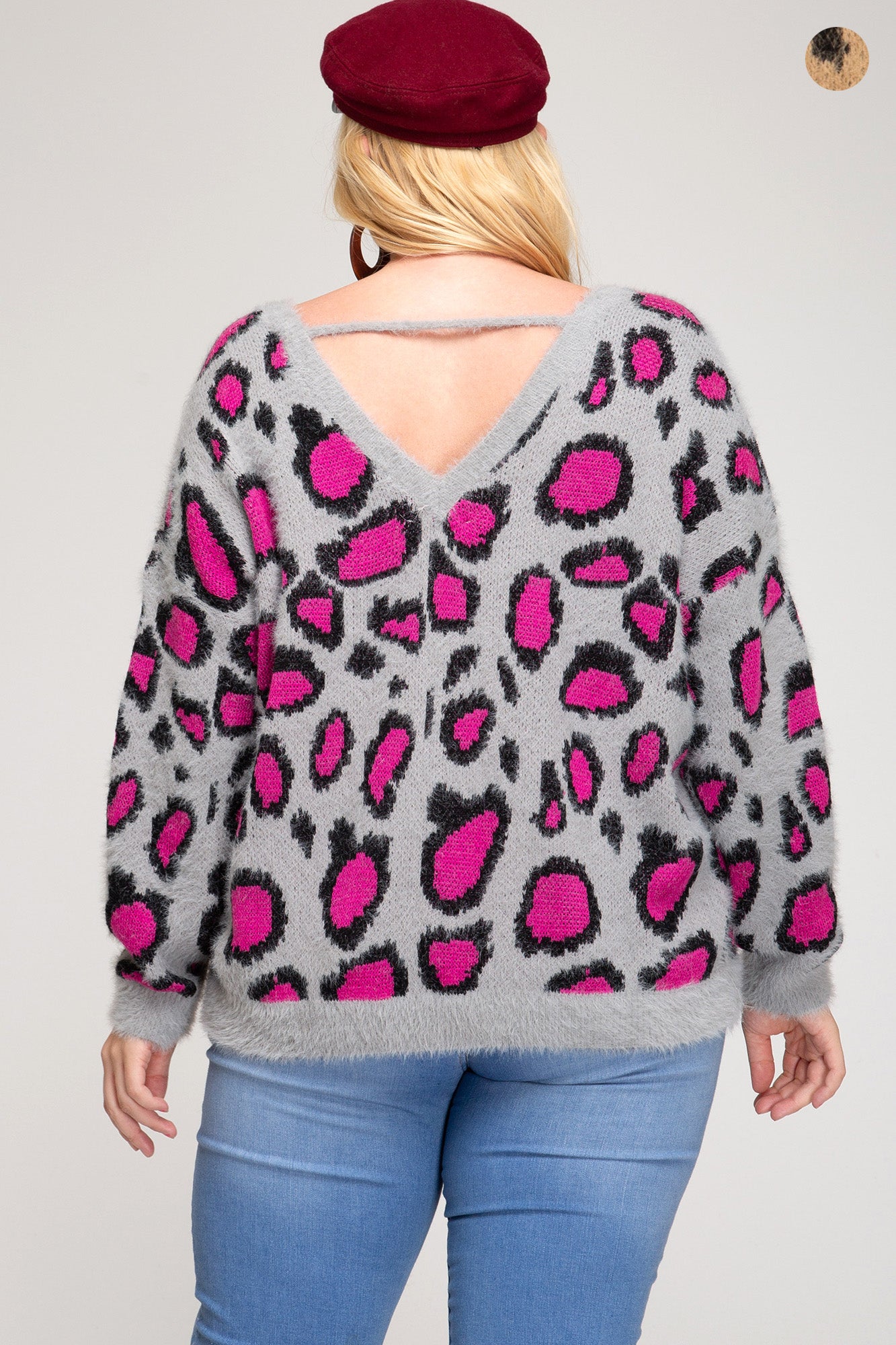She And Sky Hot Pink And Grey Leopard V Back Plus Sweater-Curvy/Plus Tops-She And Sky-Deja Nu Boutique, Women's Fashion Boutique in Lampasas, Texas