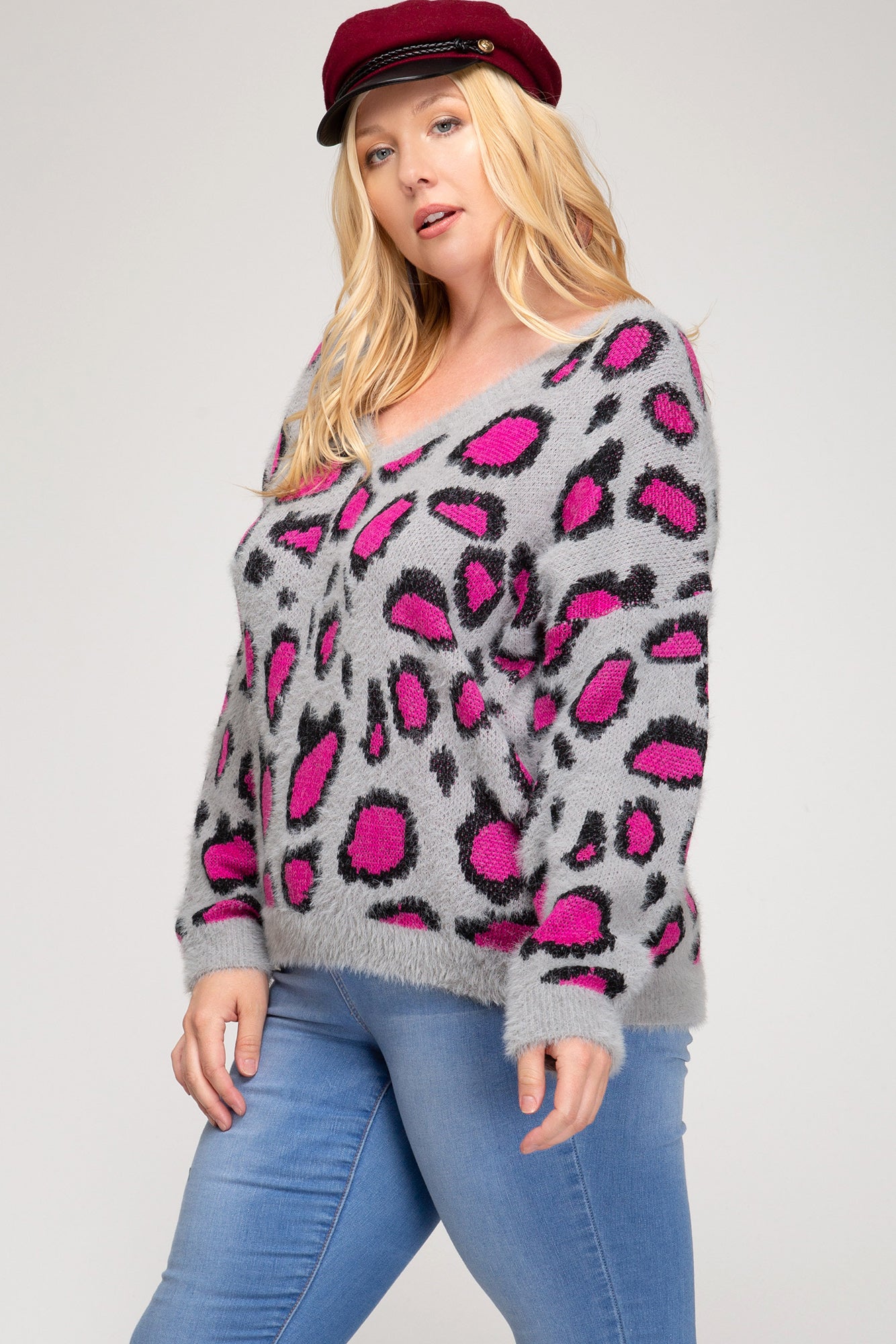 She And Sky Hot Pink And Grey Leopard V Back Plus Sweater-Curvy/Plus Tops-She And Sky-Deja Nu Boutique, Women's Fashion Boutique in Lampasas, Texas