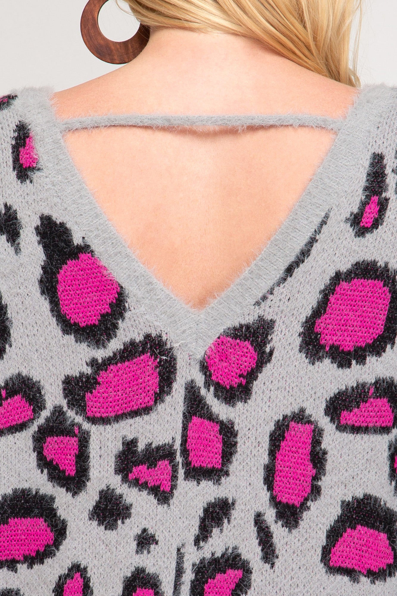 She And Sky Hot Pink And Grey Leopard V Back Plus Sweater-Curvy/Plus Tops-She And Sky-Deja Nu Boutique, Women's Fashion Boutique in Lampasas, Texas