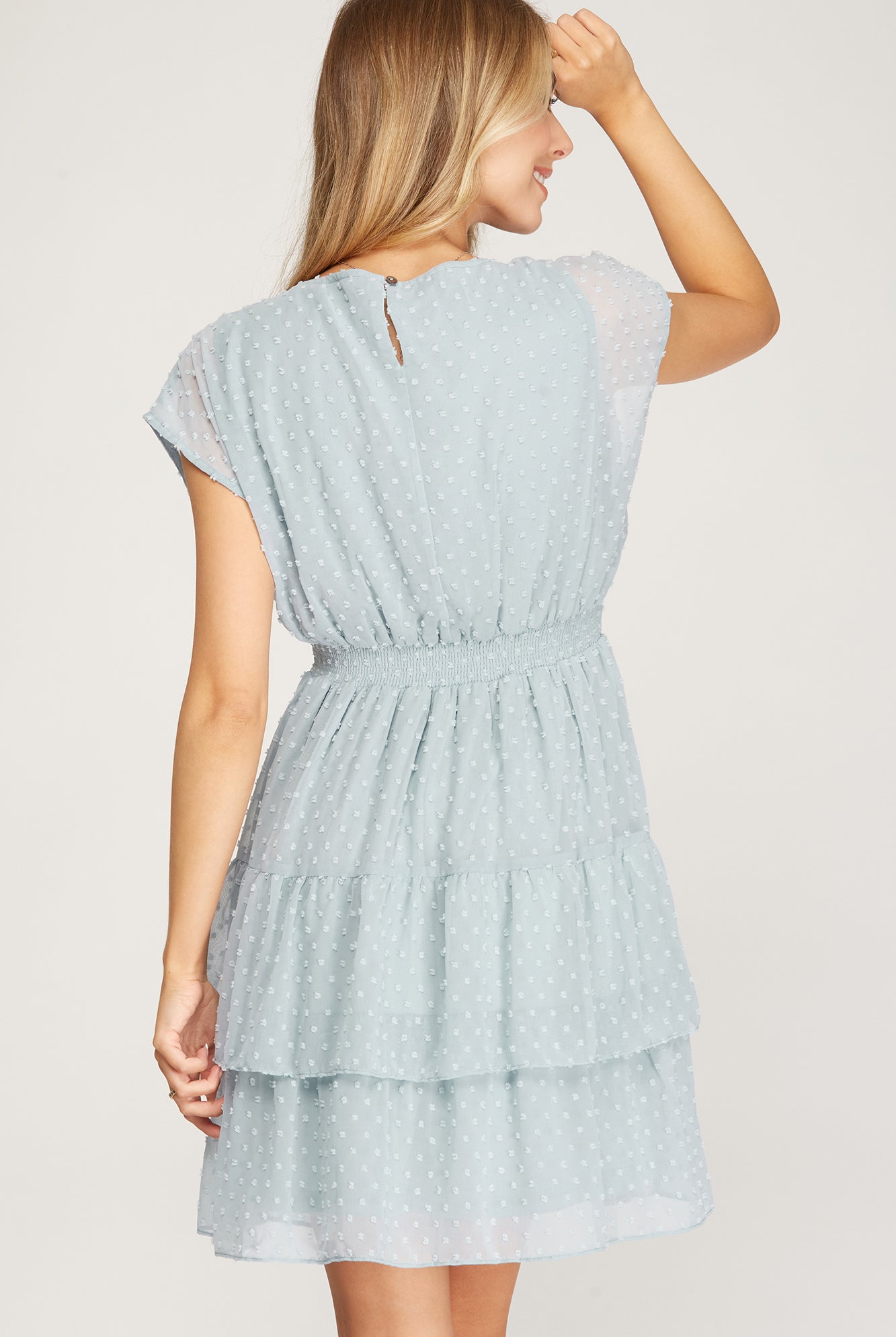 She And Sky Light Blue Swiss Dot Tiered Dress-Short Dresses-She And Sky-Deja Nu Boutique, Women's Fashion Boutique in Lampasas, Texas