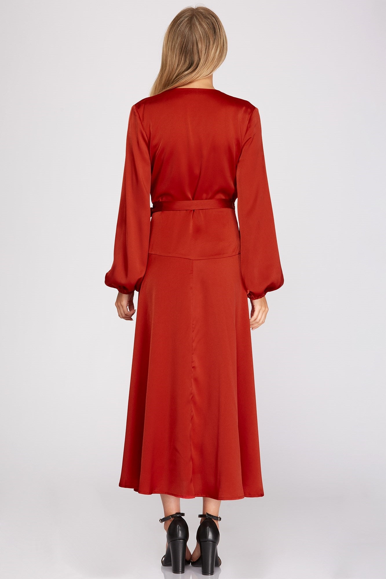She And Sky Long Sleeve Maxi Satin Wrap Dress With Front Side Tie In Rust-Maxi Dresses-She And Sky-Deja Nu Boutique, Women's Fashion Boutique in Lampasas, Texas
