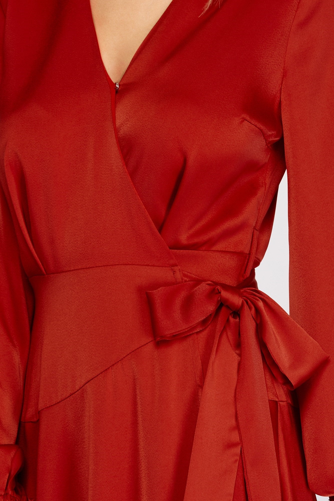 She And Sky Long Sleeve Maxi Satin Wrap Dress With Front Side Tie In Rust-Maxi Dresses-She And Sky-Deja Nu Boutique, Women's Fashion Boutique in Lampasas, Texas