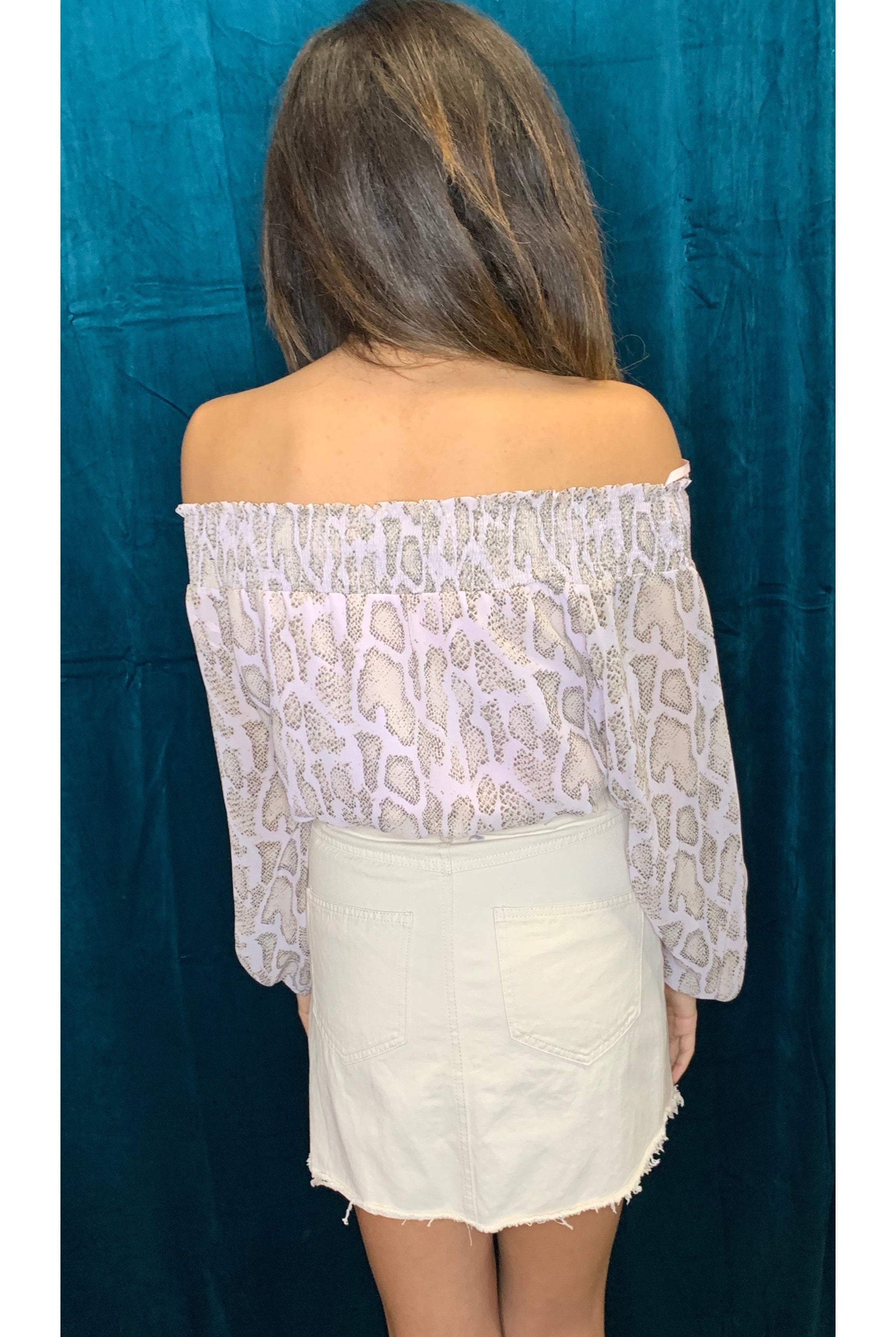 She And Sky Pink Snake Print Off The Shoulder Crop Top-Tops-She And Sky-Deja Nu Boutique, Women's Fashion Boutique in Lampasas, Texas