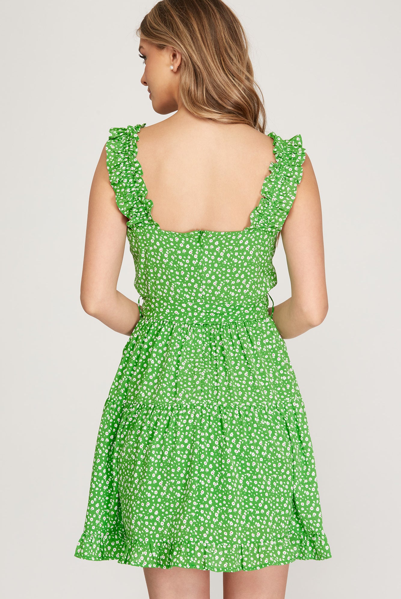 She And Sky Ruffle Sleeve Green Floral Print Dress With Waist Sash-Short Dresses-She And Sky-Deja Nu Boutique, Women's Fashion Boutique in Lampasas, Texas