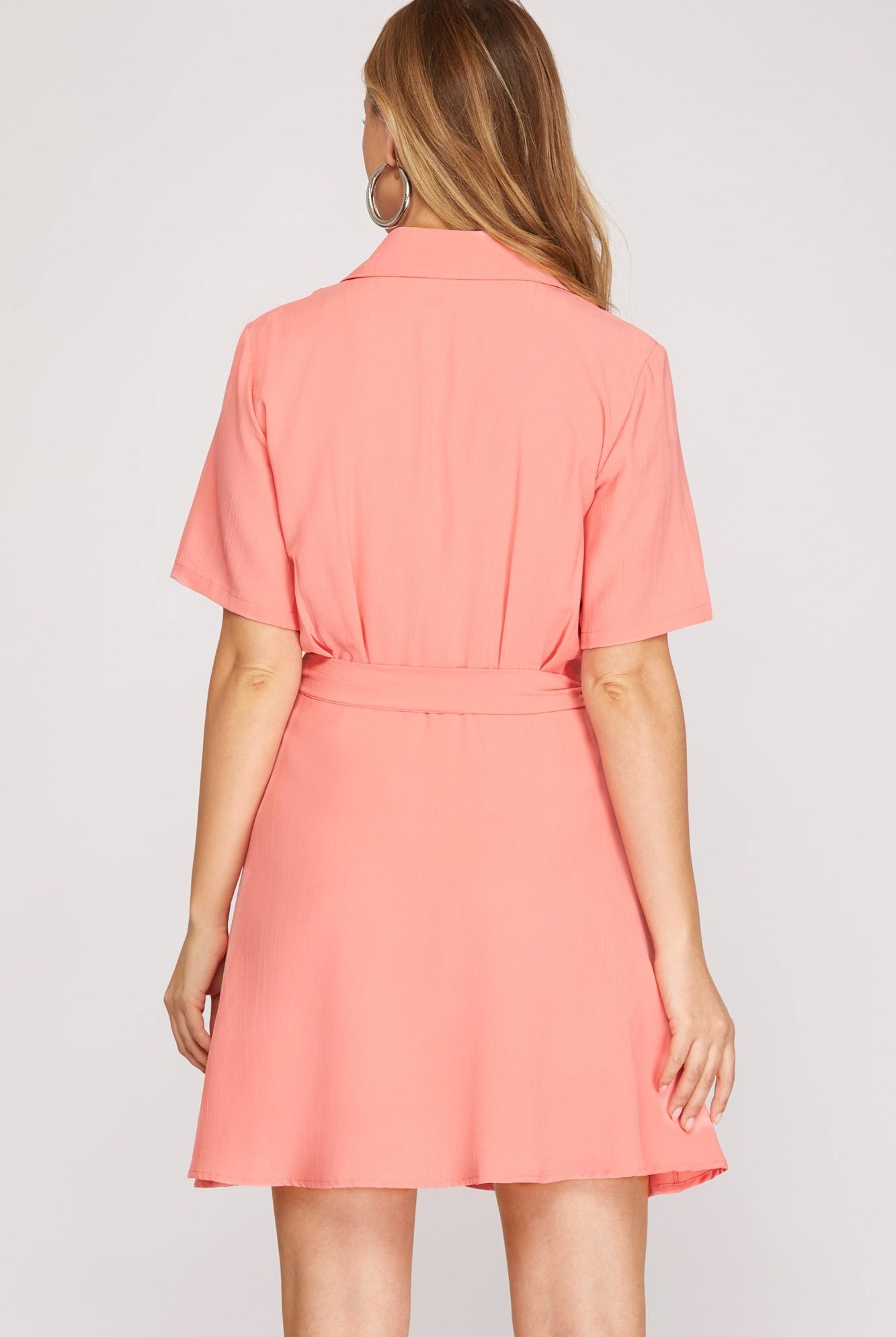 She And Sky Short Sleeve Wrap Dress With Front Side Tie In Coral Pink-Dresses-She And Sky-Deja Nu Boutique, Women's Fashion Boutique in Lampasas, Texas
