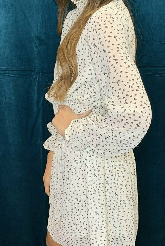 She And Sky Smocked Mock Neck Cream And Black Polka Dot Dress-Dresses-She And Sky-Deja Nu Boutique, Women's Fashion Boutique in Lampasas, Texas