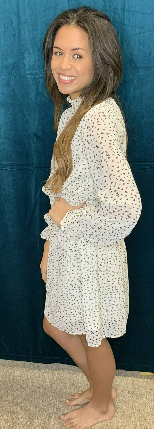 She And Sky Smocked Mock Neck Cream And Black Polka Dot Dress-Dresses-She And Sky-Deja Nu Boutique, Women's Fashion Boutique in Lampasas, Texas