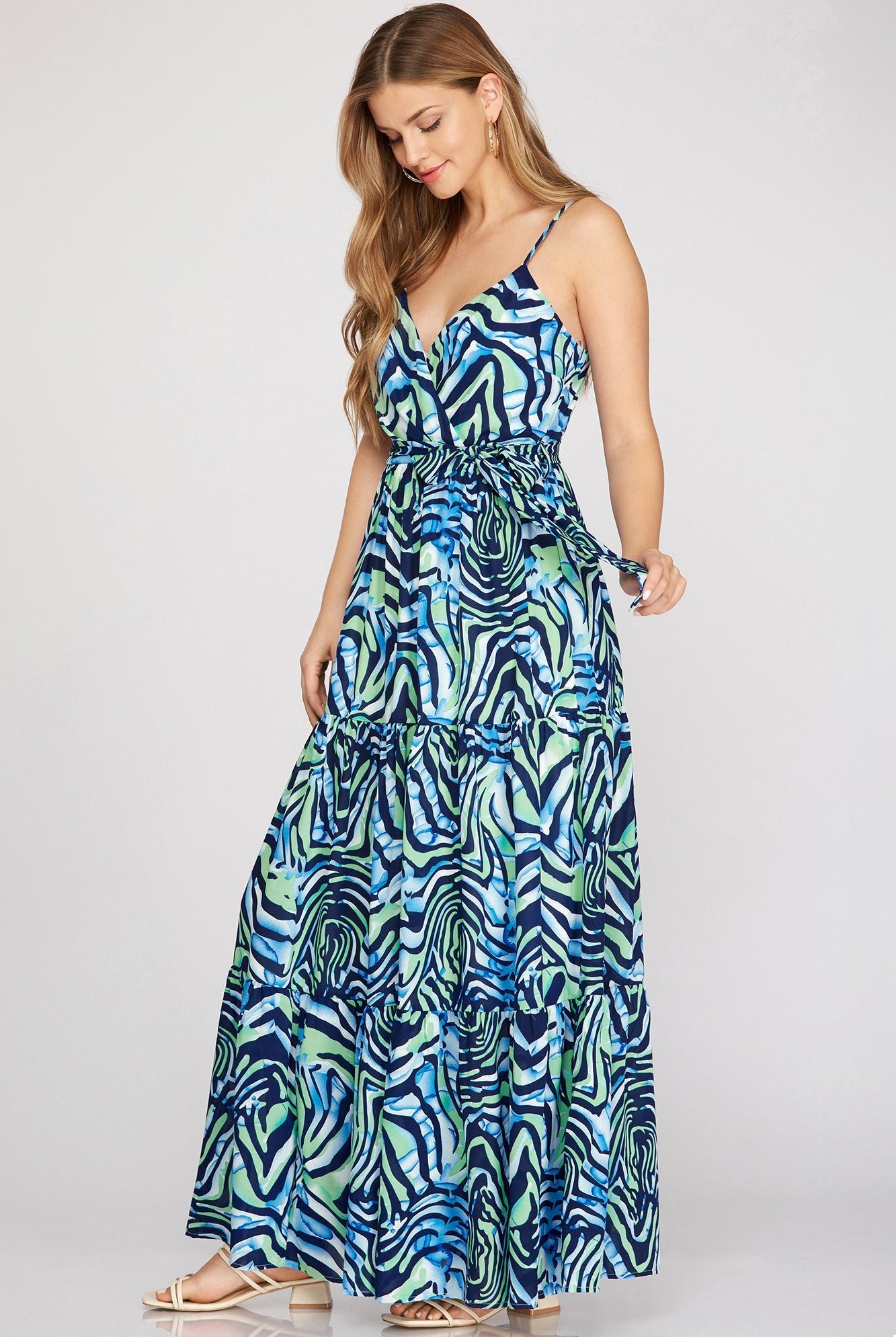 She And Sky Surplice Cami Printed Woven Tiered Maxi Dress In Navy-Maxi Dresses-She And Sky-Deja Nu Boutique, Women's Fashion Boutique in Lampasas, Texas