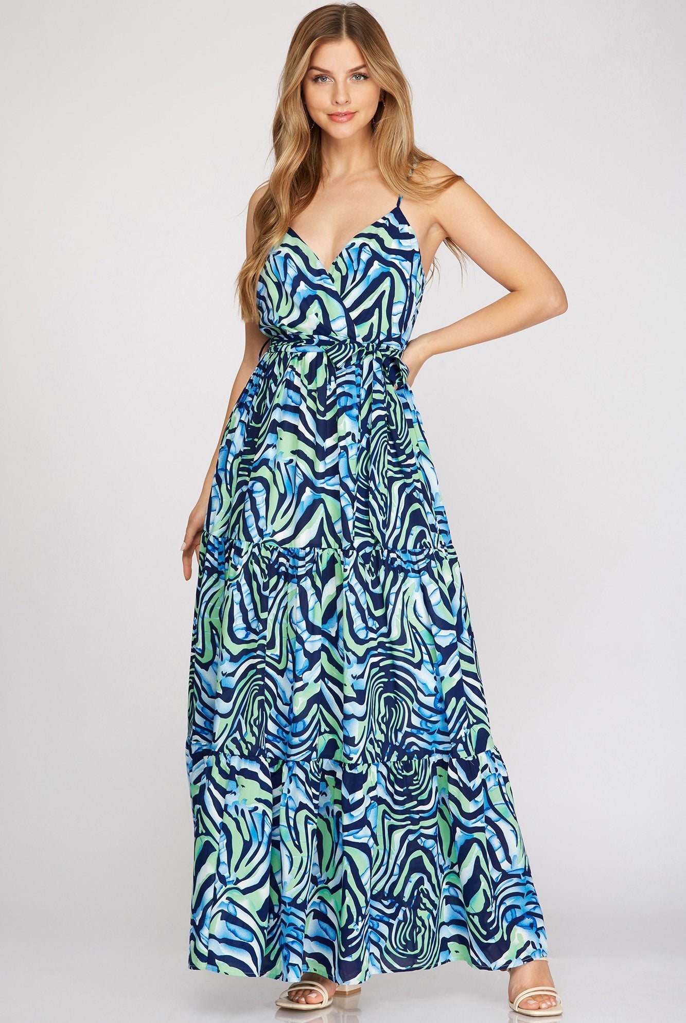 She And Sky Surplice Cami Printed Woven Tiered Maxi Dress In Navy-Maxi Dresses-She And Sky-Deja Nu Boutique, Women's Fashion Boutique in Lampasas, Texas