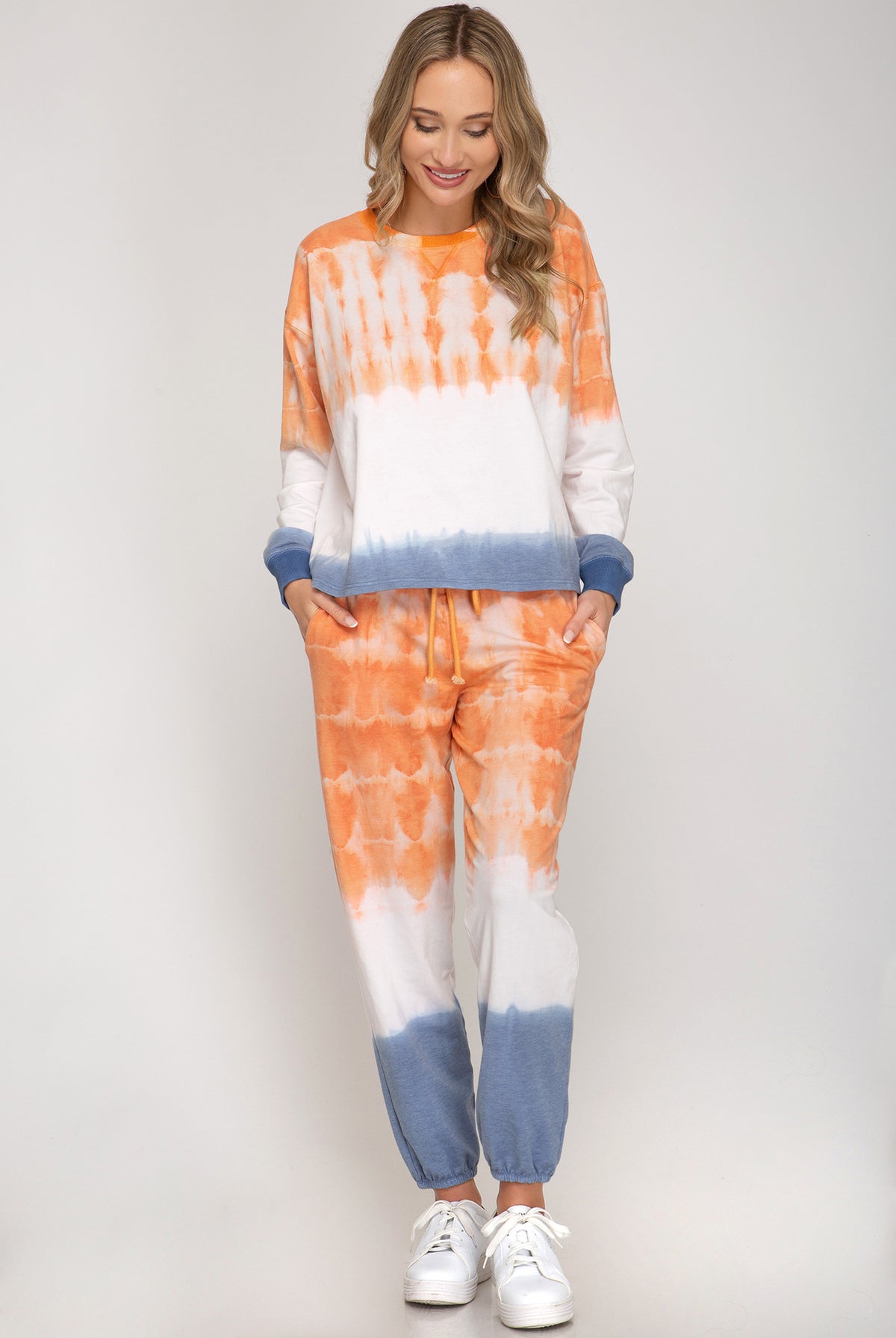 She And Sky Vibrant Orange, Blue And White Tie Dye Jogger Top-Sweaters-She And Sky-Deja Nu Boutique, Women's Fashion Boutique in Lampasas, Texas