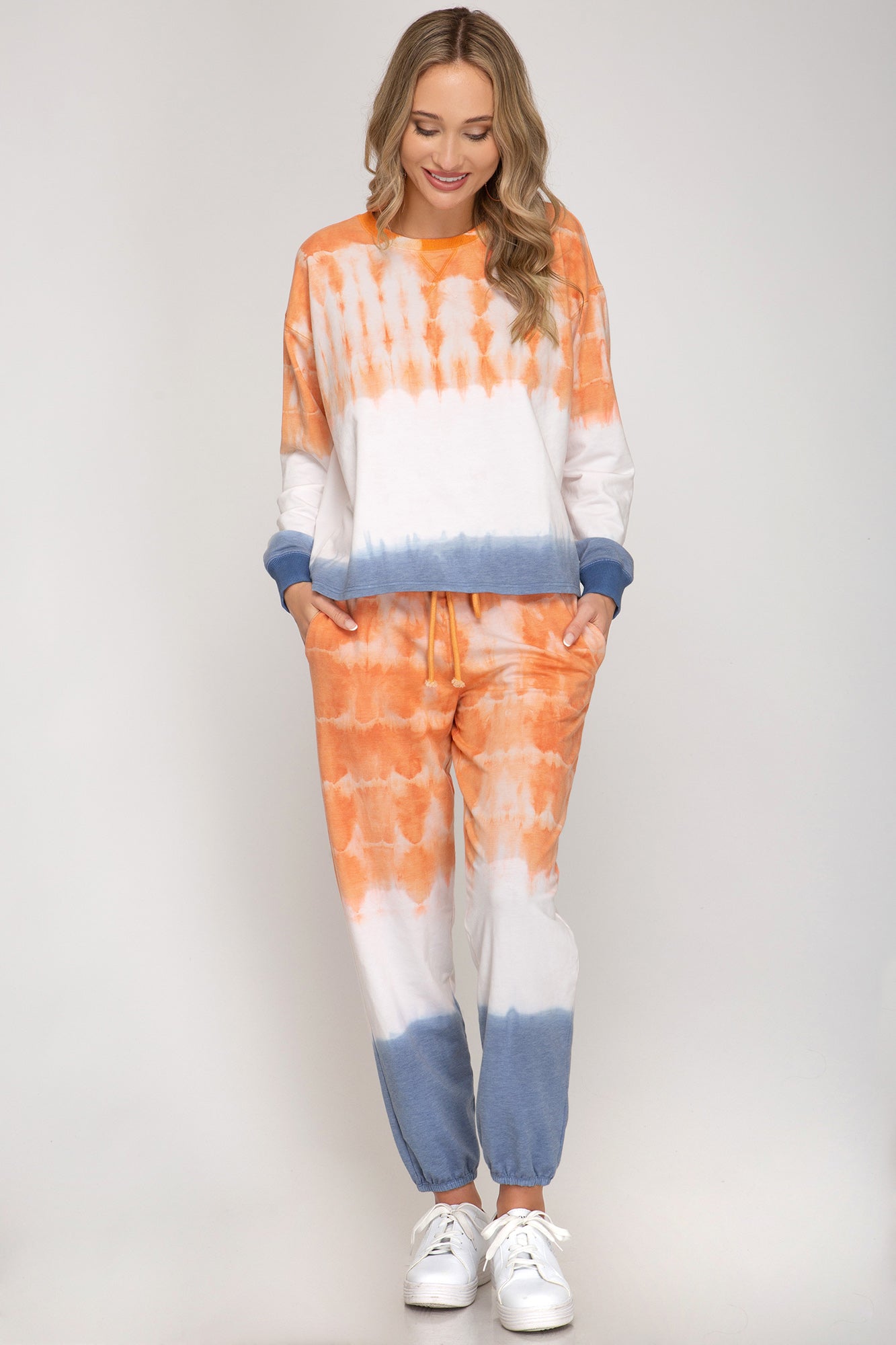 She And Sky Vibrant Orange, Blue And White Tie Dye Jogger Top-Sweaters-She And Sky-Deja Nu Boutique, Women's Fashion Boutique in Lampasas, Texas