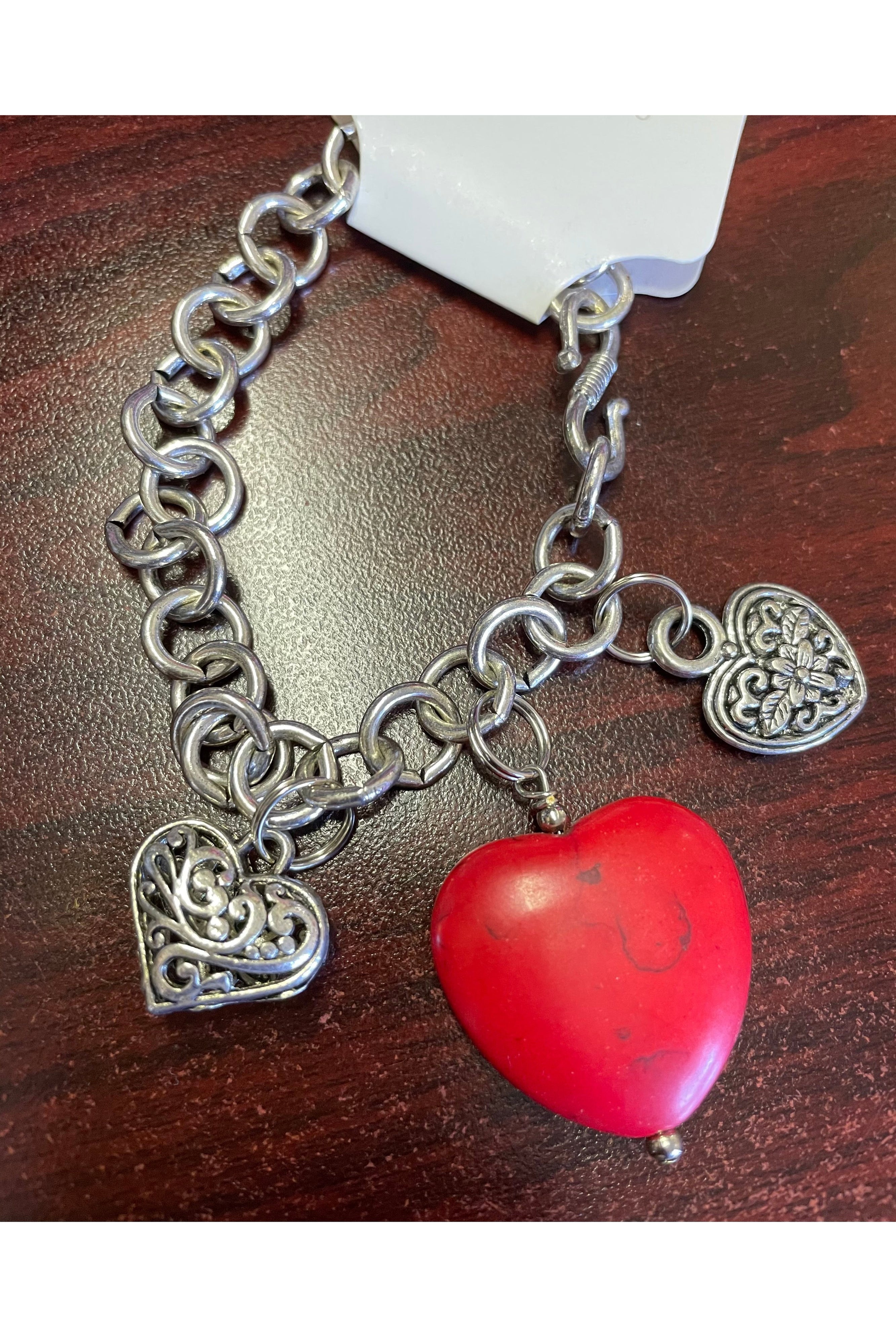 Silver Chain Dangle Bracelet With Red Heart-Bracelets-Deja Nu Tx-Deja Nu Boutique, Women's Fashion Boutique in Lampasas, Texas