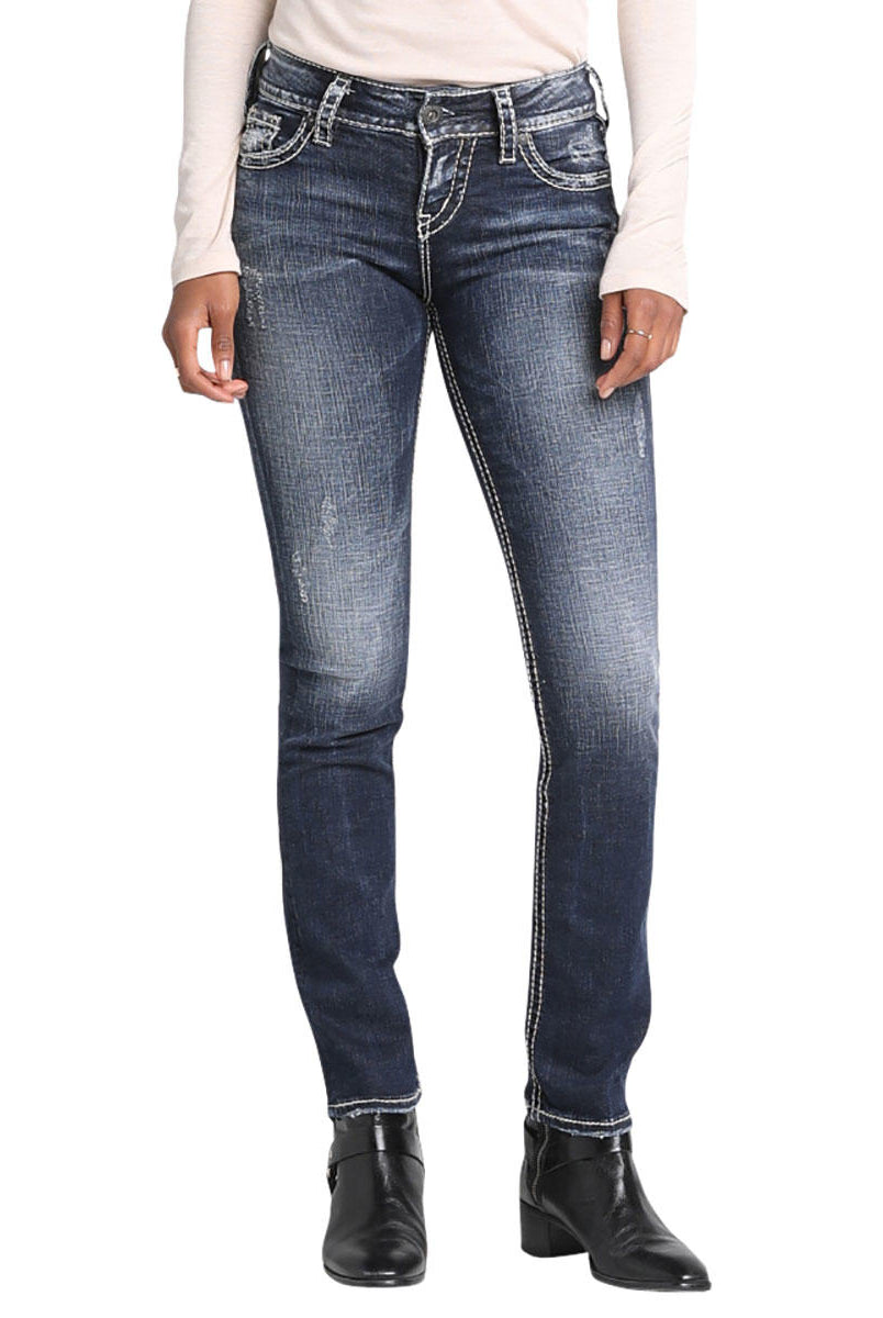 Silver Jeans Suki Mid Rise Straight In Indigo 34 Inch-Jeans-Silver Jeans-Deja Nu Boutique, Women's Fashion Boutique in Lampasas, Texas