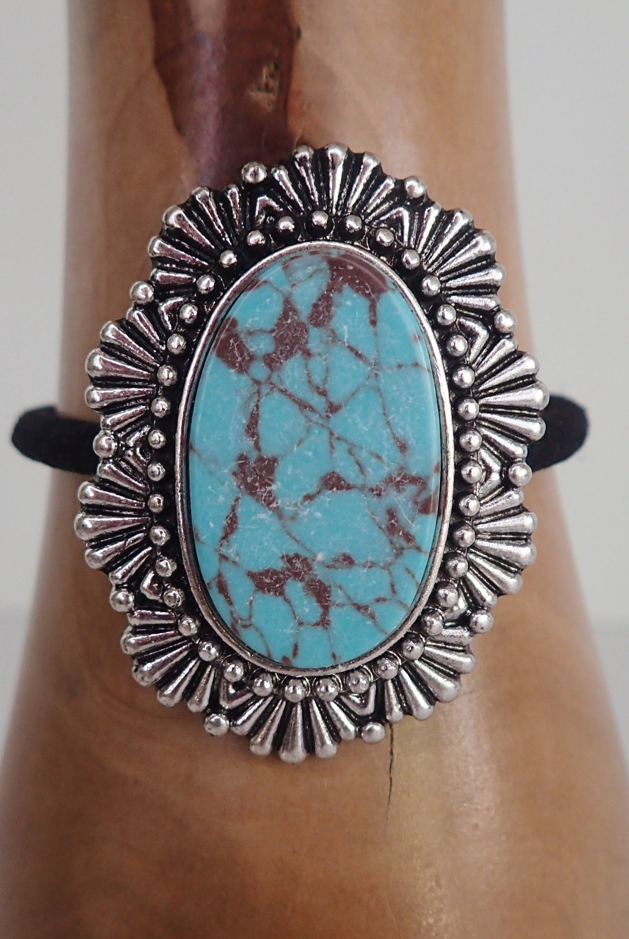 Tanie Oval Turquoise And Silver Hair Tie-Hair Ties-Tanie-Deja Nu Boutique, Women's Fashion Boutique in Lampasas, Texas