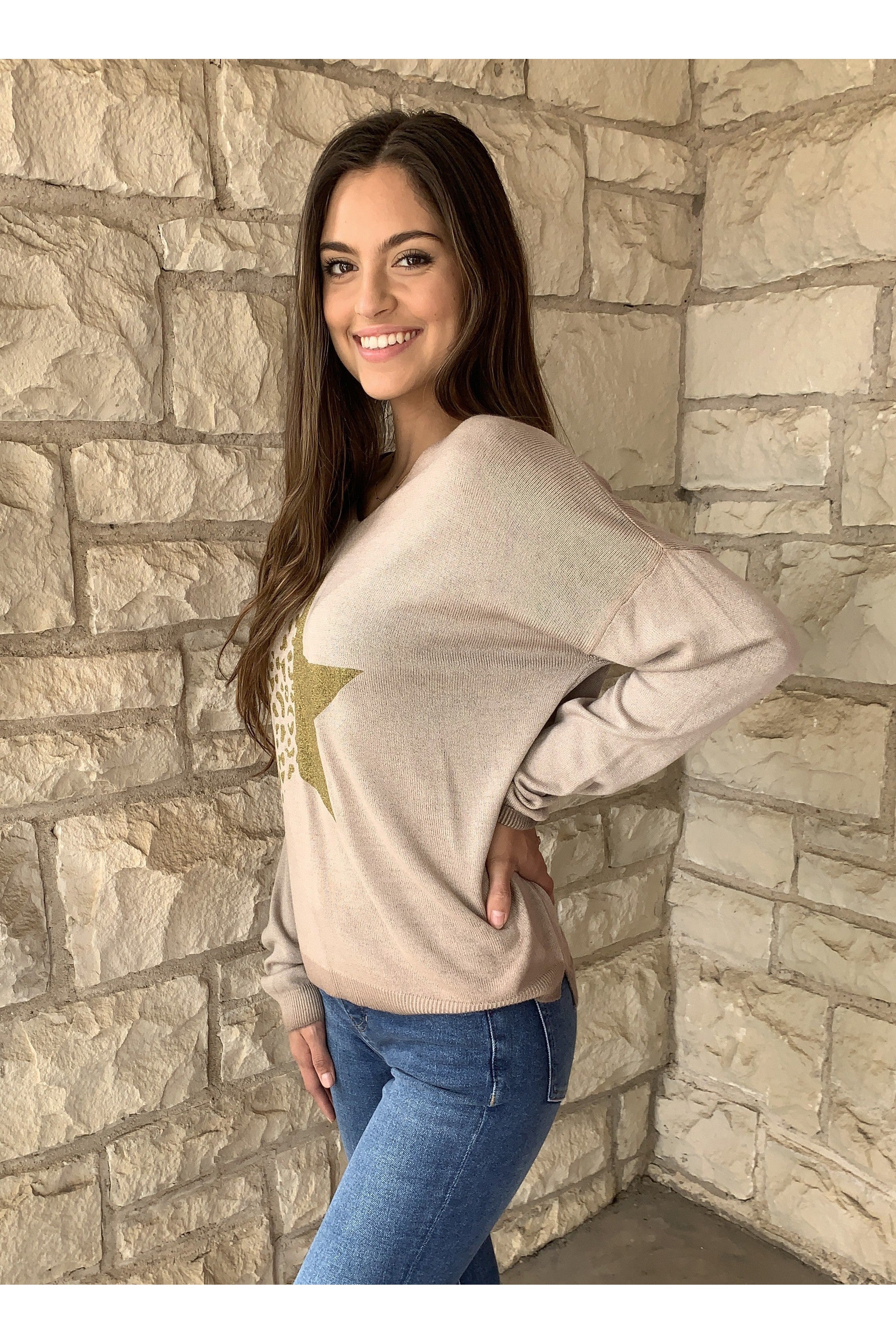 Tempo Gold Star Sweater In Cognac-Graphic Sweaters-Tempo Paris-Deja Nu Boutique, Women's Fashion Boutique in Lampasas, Texas
