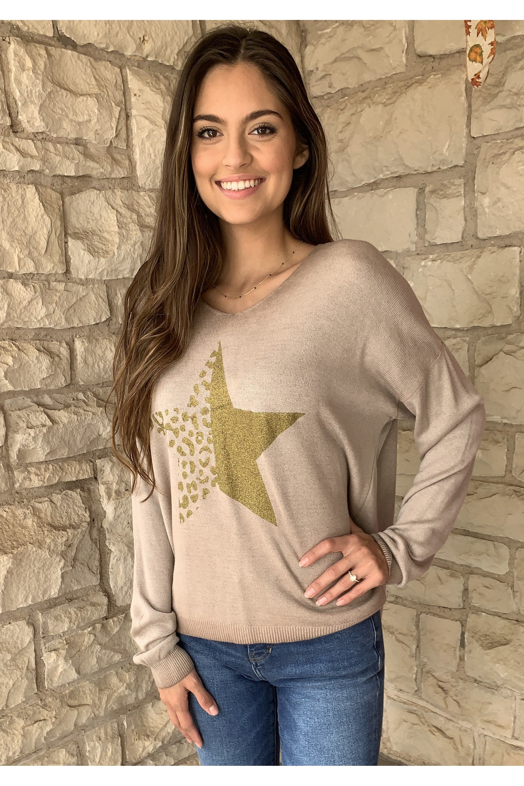 Tempo Gold Star Sweater In Cognac-Graphic Sweaters-Tempo Paris-Deja Nu Boutique, Women's Fashion Boutique in Lampasas, Texas
