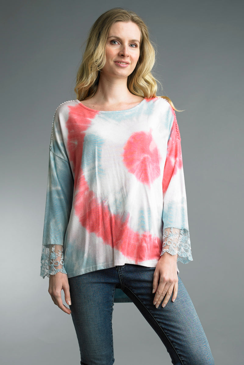 Tempo Tie Dye And Lace Hi Low Sweater-Sweaters-Tempo Paris-Deja Nu Boutique, Women's Fashion Boutique in Lampasas, Texas