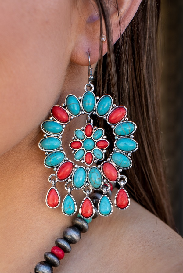 Turquoise & Red Stone Concho Dangle Earring-Earrings-L And B-Deja Nu Boutique, Women's Fashion Boutique in Lampasas, Texas