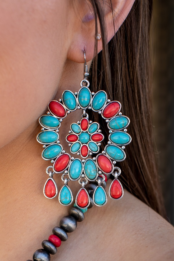 Turquoise & Red Stone Concho Dangle Earring-Earrings-L And B-Deja Nu Boutique, Women's Fashion Boutique in Lampasas, Texas